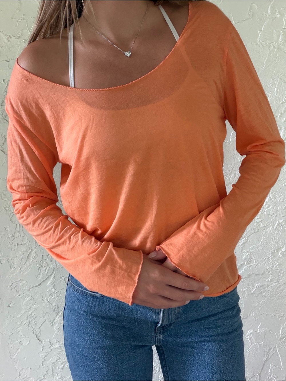 Tory Burch Lightweight Long-Sleeve Boatneck Top in Peach Orange